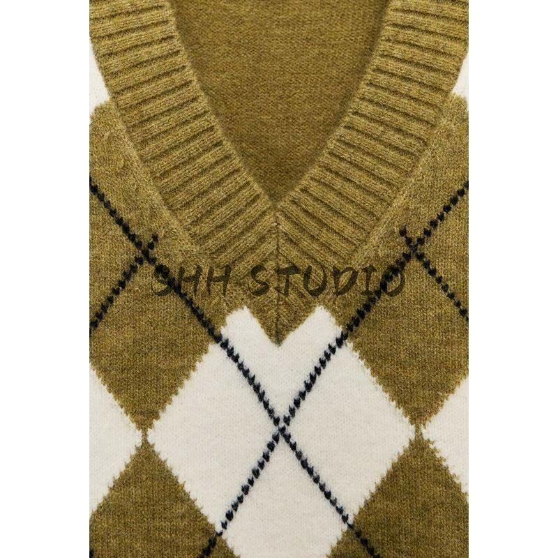 Spring New Women's Clothing Preppy Style Diamond Pattern Jacquard V-neck Sleeveless Vest Style Knitwear 5755008