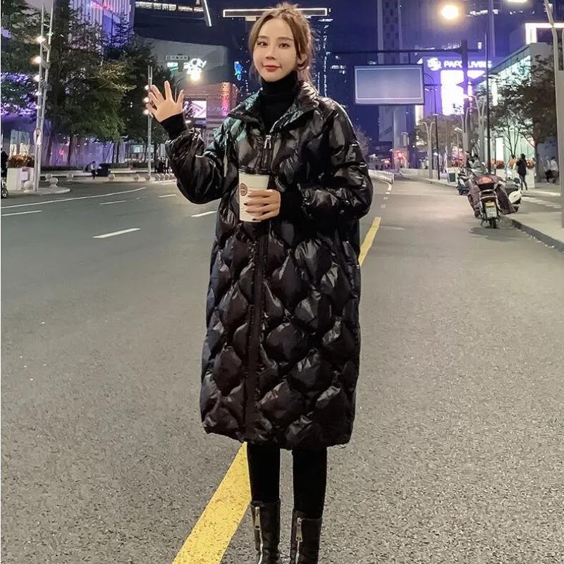 Down Padded Jacket Women's Mid-length Stand-up Collar Winter Korean Version Shiny Over-the-knee Padded Jacket Large Size Loose Solid Color Coats