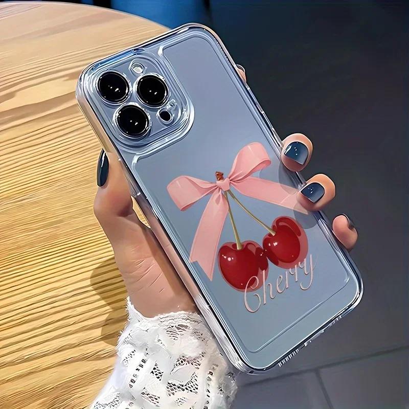Cute Cherry Bow-Knot Clear Case for iPhone 16 12 13 Mini 11 14 15 Pro Max Xs XR 8 Plus Ultra Thin Silicone Cover for Women Girls