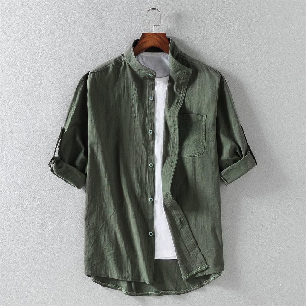 Men's Loose Solid Cotton Linen Shirt Summer Stand Collar Five Points Medium Sleeve Shirt
