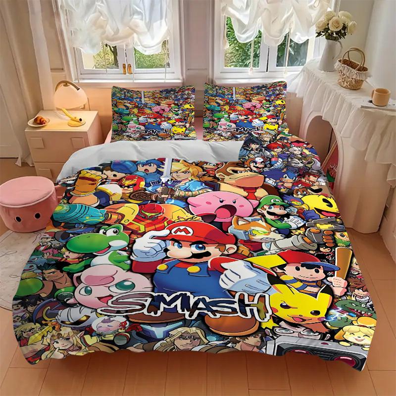 3dílná sada povlečení Mario Gamer Gaming Obsahuje 1 přikrývku + 2 povlaky na polštář, Bez výplní do polštářů, Měkká pohodlná, Lehká prodyšná,
