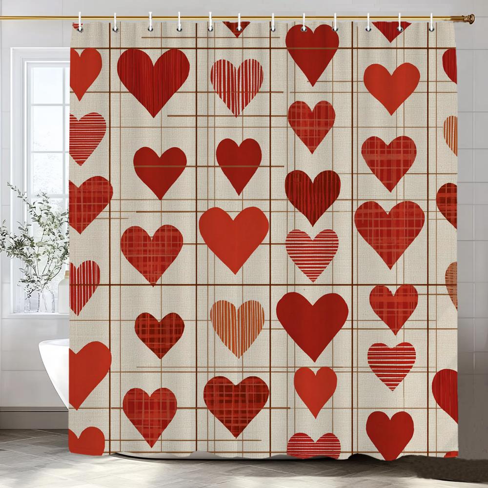 Modern heart-shaped Red Love Pattern Shower Curtain, Bathroom Decorative Shower Curtain, Waterproof Shower Curtain with Hooks