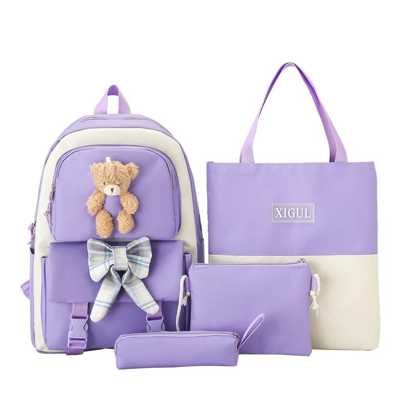 Schoolbag Student Backpack Four-piece Set Female Cute Bear Japanese Campus School Bag Large Capacity Set Transfer Backpack Portable