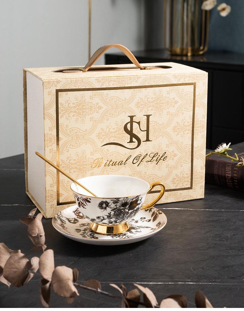 European Luxury Gold-Rim Bone China Coffee Cup - Four Seasons Ink Design