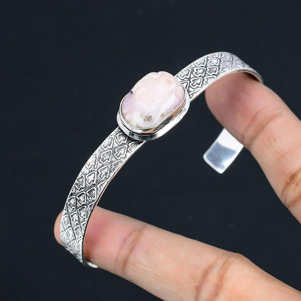 925 Sterling Silver Oval Pink Opal Gemstone Anniversary Wedding Bangle Bracelet
