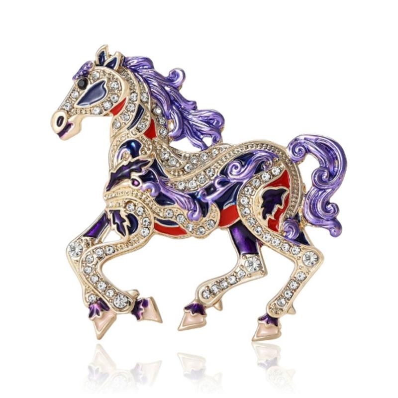 Trendy Enamel Horse Shaped Brooch Rhinestones Embellished Decorative Jewelry for Dresses Jackets Bags