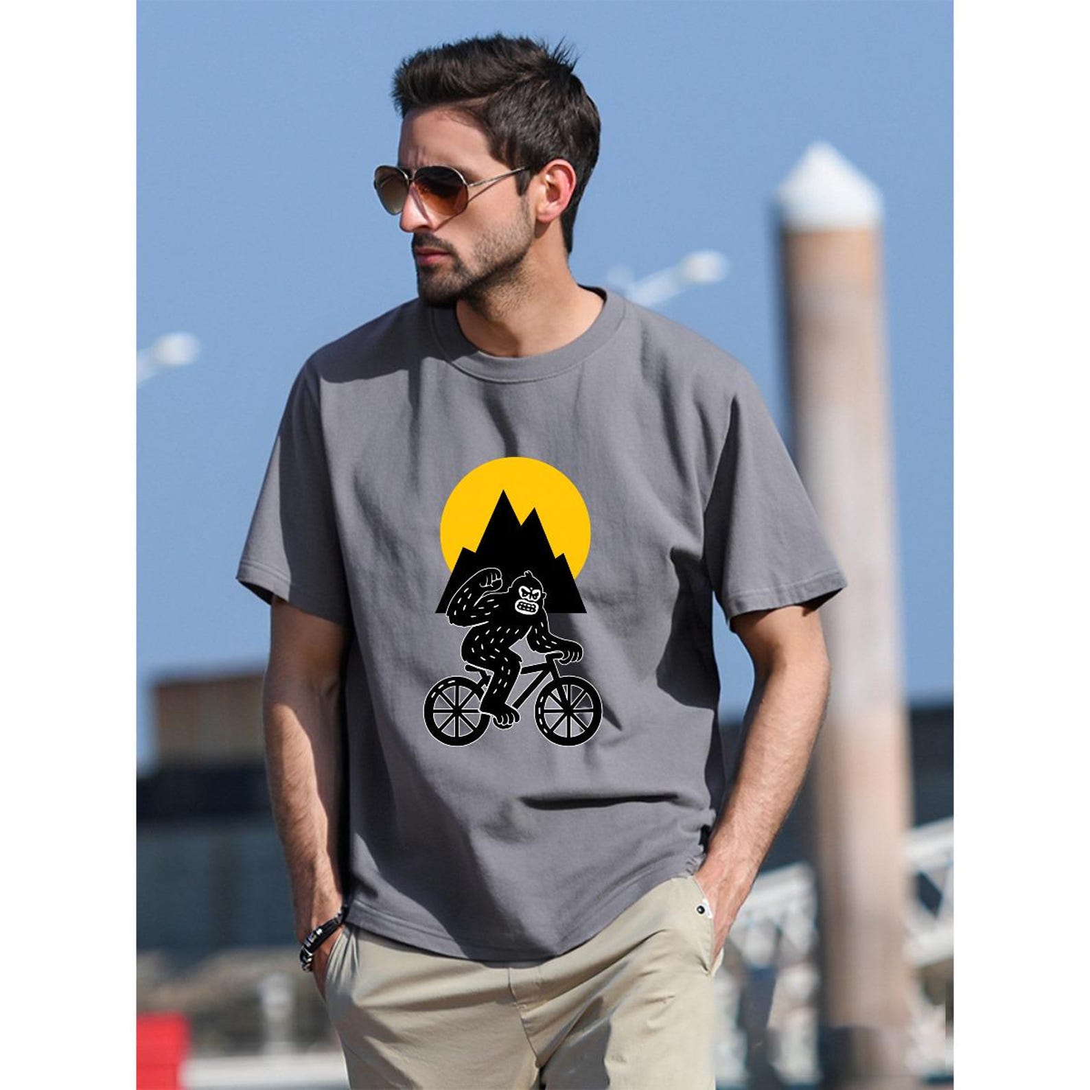 Bigfoot Mountain Bike T-Shirt: Primitive Cryptid Art, Front & Back Print 3XL