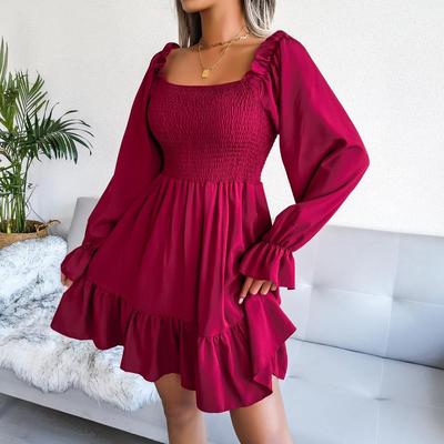 Spring Summer Square Neck Flared Long Sleeve Ruffled Swing Solid Color A Line All Match Dress S-XL