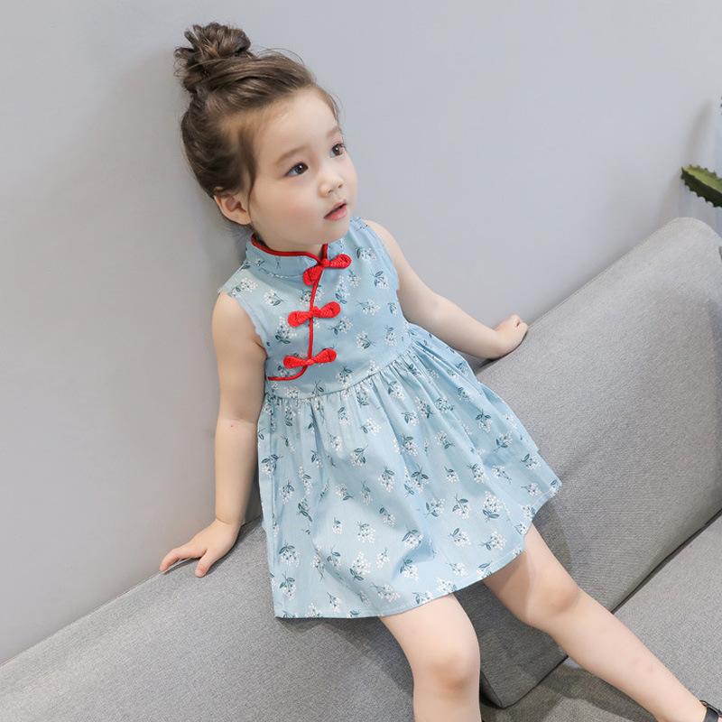 Kids Girls Chinese Style Cute Flower Print Dress Vintage Cheongsam Dresses Qipao Baby Clothes