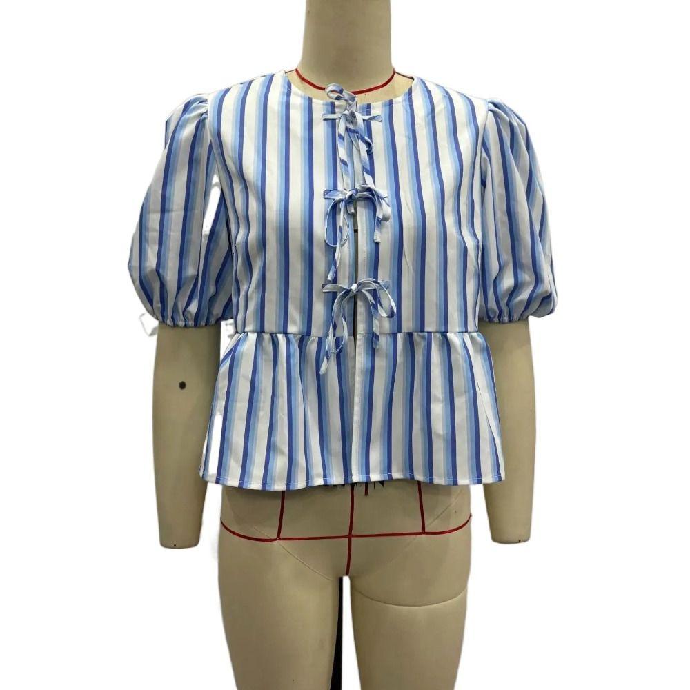 

Ruffle Summer Bow Tied Tops Short Sleeve Long Puff Sleeve Blouse Stripe Bow Lace Up Blouse Female