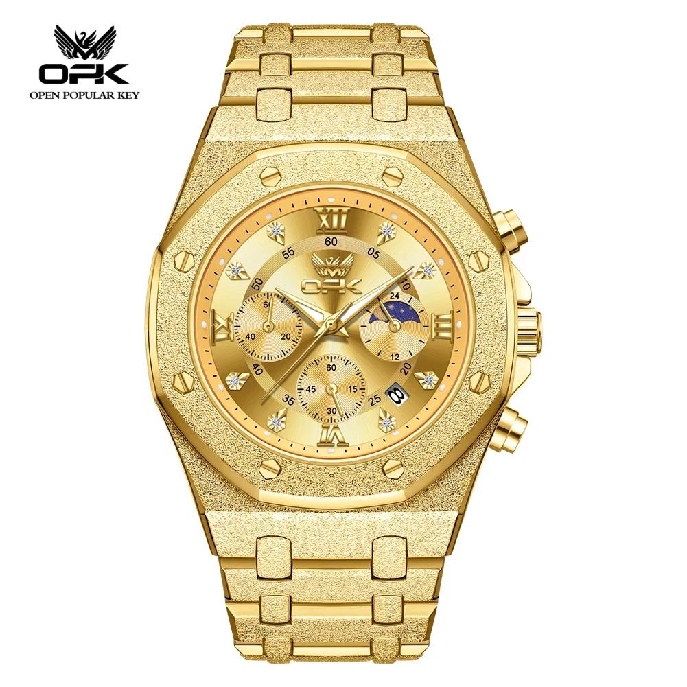Waterproof Mens Chronograph Watches Steel Strap Moon Phase Calendar Frosted Metal Casual Wrist Watch