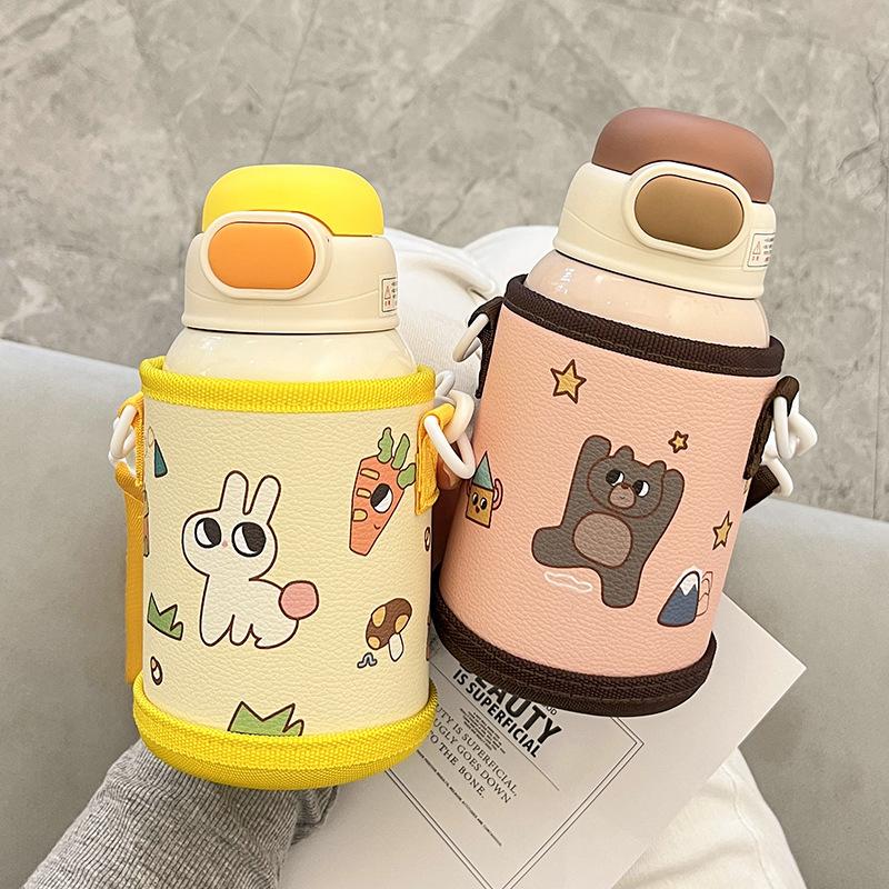 500ML Kids Thermos Bottle Stainless Steel Straw Cup With Case Cartoon Leak-Proof Vacuum Flasks Children Thermal Water Bottle
