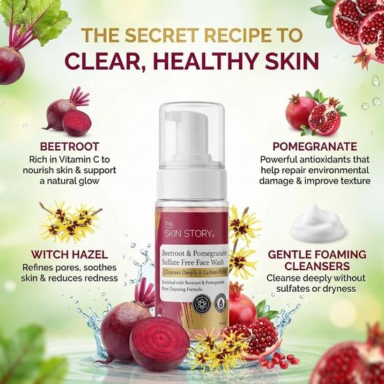 The Skin Story Beetroot & Pomegranate Face Wash | Sulfate-Free & Paraben-Free | Facial Cleanser | Foaming Facewash for Glowing Skin | All Skin | 100ml