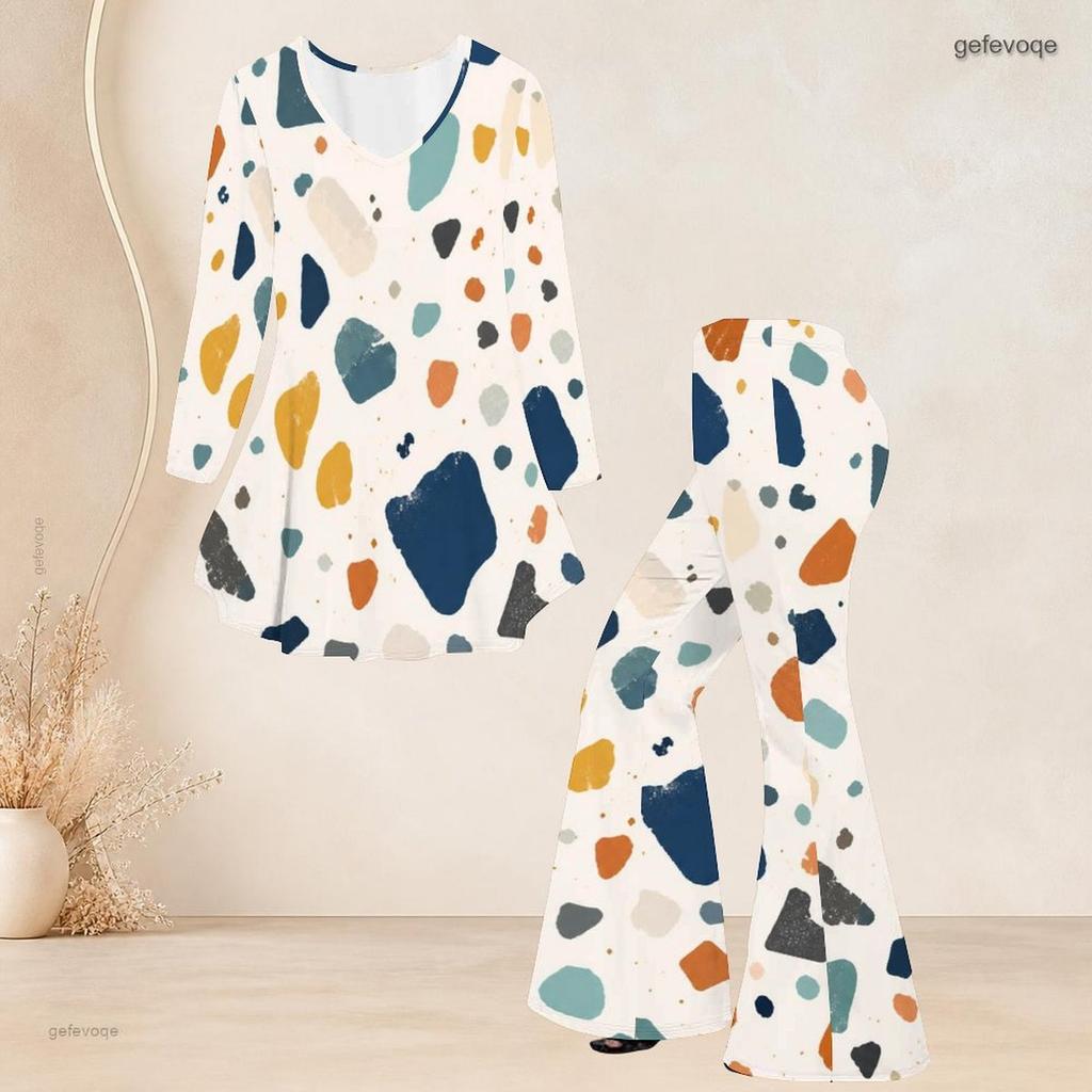 Women Plus Size Round Neck Three Quarter Sleeve Printed Flared Top Flared Pants Two Piece Set