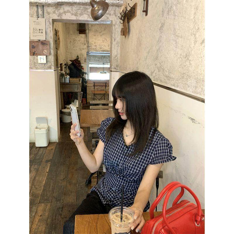Kumikumi High Sense Retro Plaid Short sleeve Shirts Women Summer Niche Lace Edge Waist Hugging Slimming Top