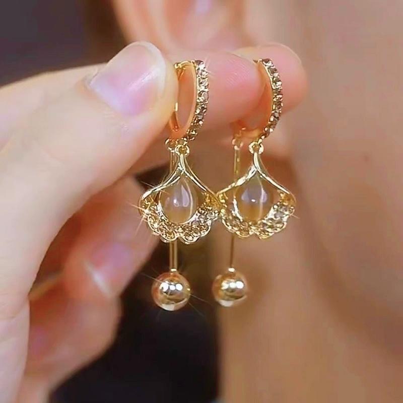 Vintage design opal ginkgo biloba stud earrings femininity personality Internet celebrity earrings earrings