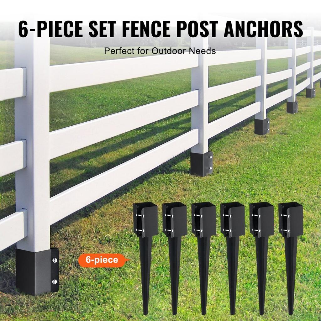Fence Post Anchor Ground Spike, 6 Pack 24 x 4 x 4 Inches Outer Diameter (Inner Diameter 3.5 x3.5 Inches), Metal Black Powder Coated Post Stake Ground,