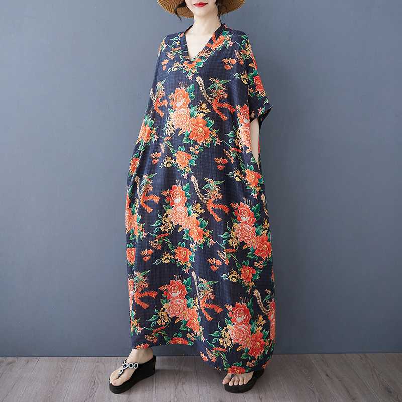 Vestido de Algodón Lino de Verano Color Viaje Cuello en V Retro Falda Larga