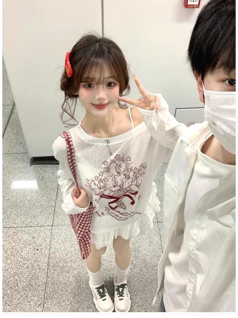 White Off-Shoulder Graffiti Print Long-Sleeve Blouse with Drawstring