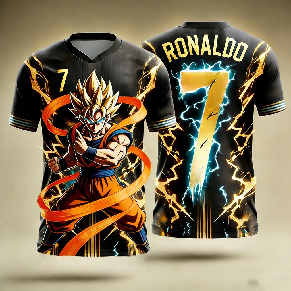 Kids Boys Girls Hip Hop Sports T‑Shirt, Anime Super Saiyan Ronaldo 7 Lightning Print, V‑Neck Summer Short Sleeve Sport Jersey Tee