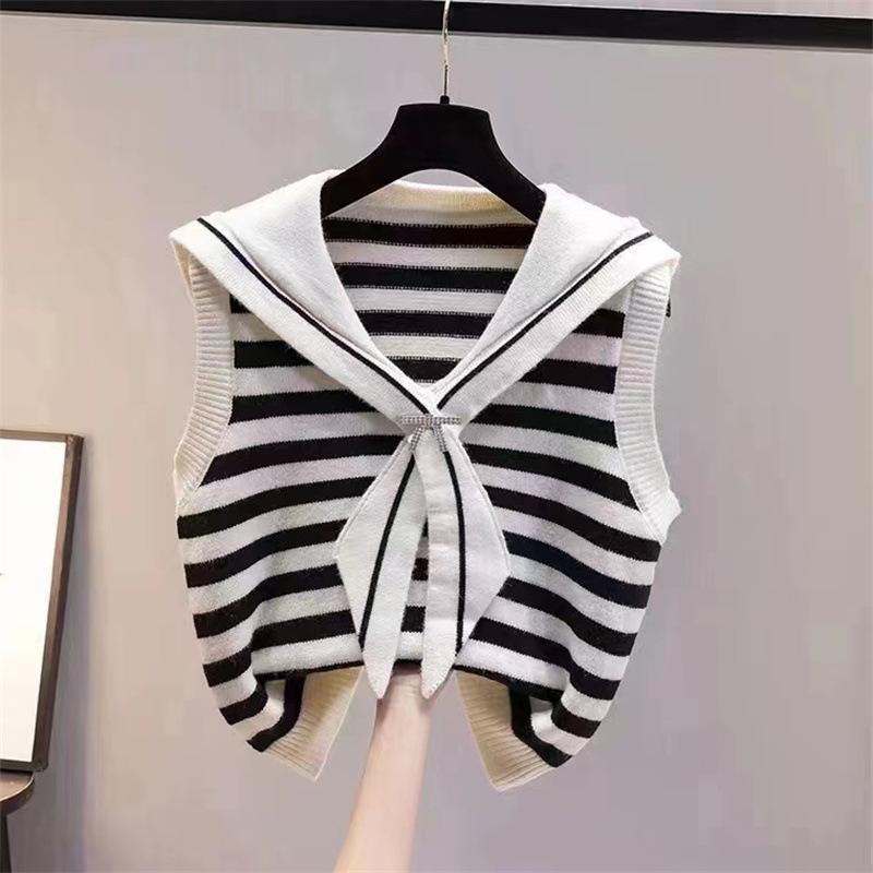 New Chic Korean Fashion Striped Waistcoat Knitted Vintage Sweaters Women Autumn Winter Casual Lady Vests