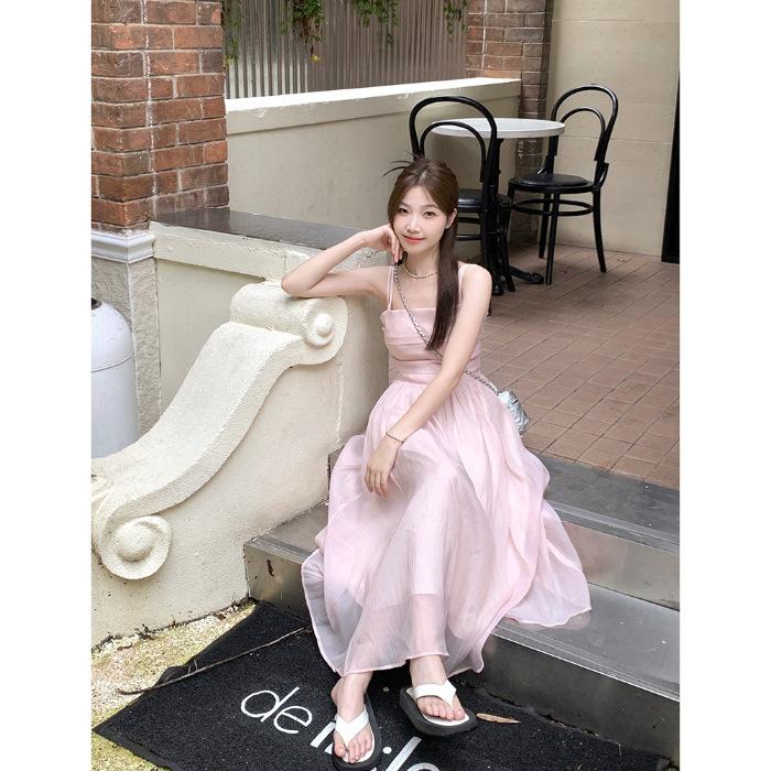 Seaside vacation French dress new female pink fairy skirt super fairy Mori suspender skirt female summer S