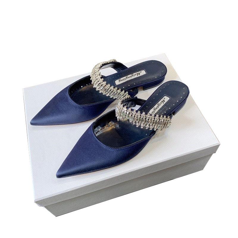 Fashion Women's High Heels Temperament Baotou Silk Rhinestones Muller Slippers Pointed Stiletto Pumps