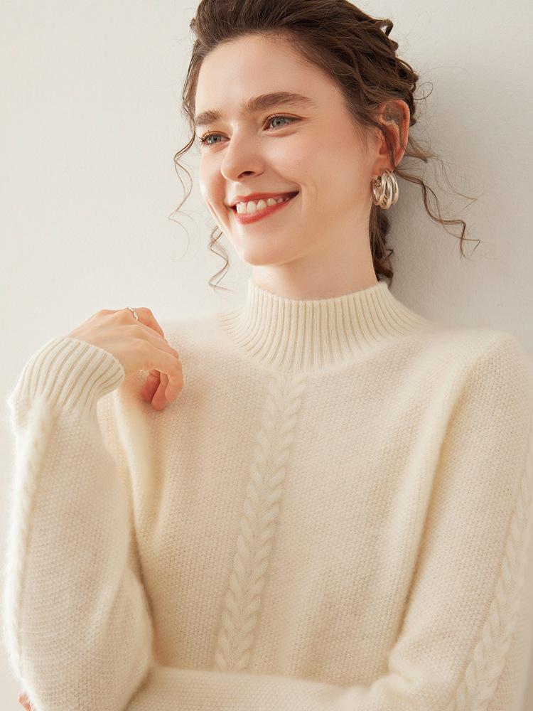 Women's Jacquard Knit Cashmere Sweater - Loose Fit, Half-High Neck, Autumn/Winter Fashion