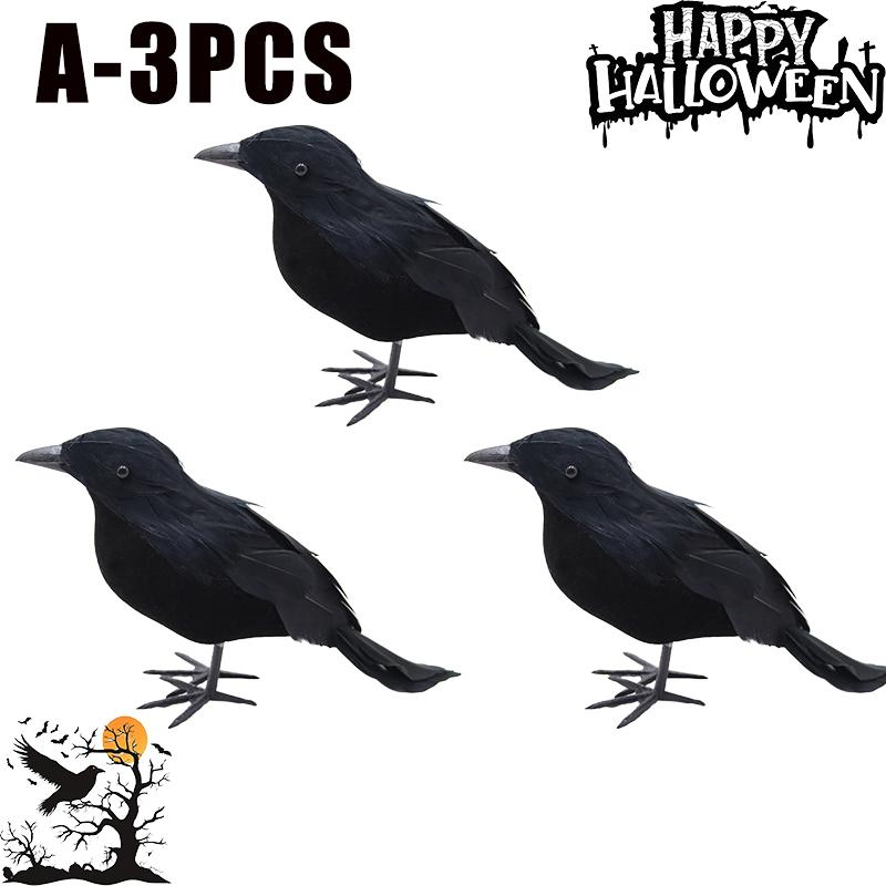 Spooky Halloween Black Crow Feather Decor Set Scary Ravens for Outdoor Garden Party Decoration Creepy Bird Themed Ornaments