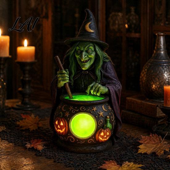 Halloween Table Centerpiece Gothic Witch Lantern Resin Tabletop Decor with Warm Glow Spooky Home Light for Shelf Desk Party Haunted House Ambiance