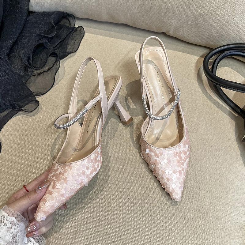 A temperament sweet sparkling sequined bag head sandals women's thin heels pointed high heels one-word with skirt