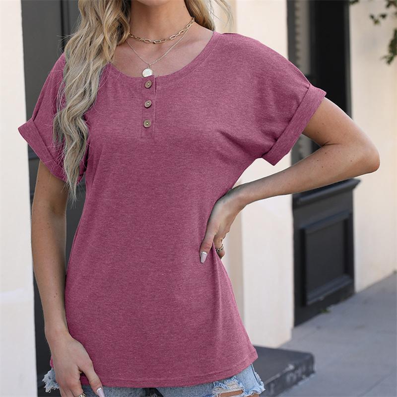 Spring/Summer Button Women's Casual T-shirt Solid Ladies Top