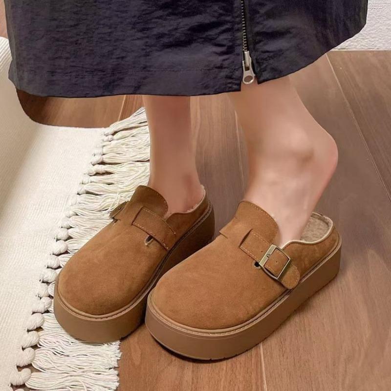 New Women's Thick-soled Retro Shoes, Wool Shoes, Cotton Slippers with Fleece Toe Caps, Half Slippers