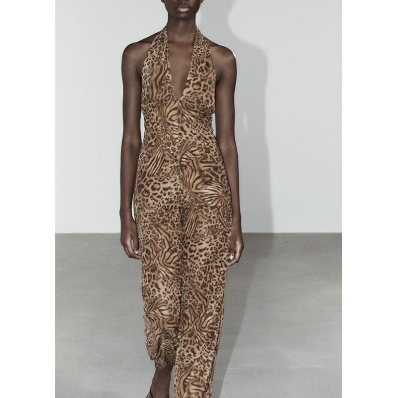 Summer New Product Women's Clothes Open Back Design Animal Pattern Print Silk Net Hanging Collar Long Conjoined Trousers 5039149