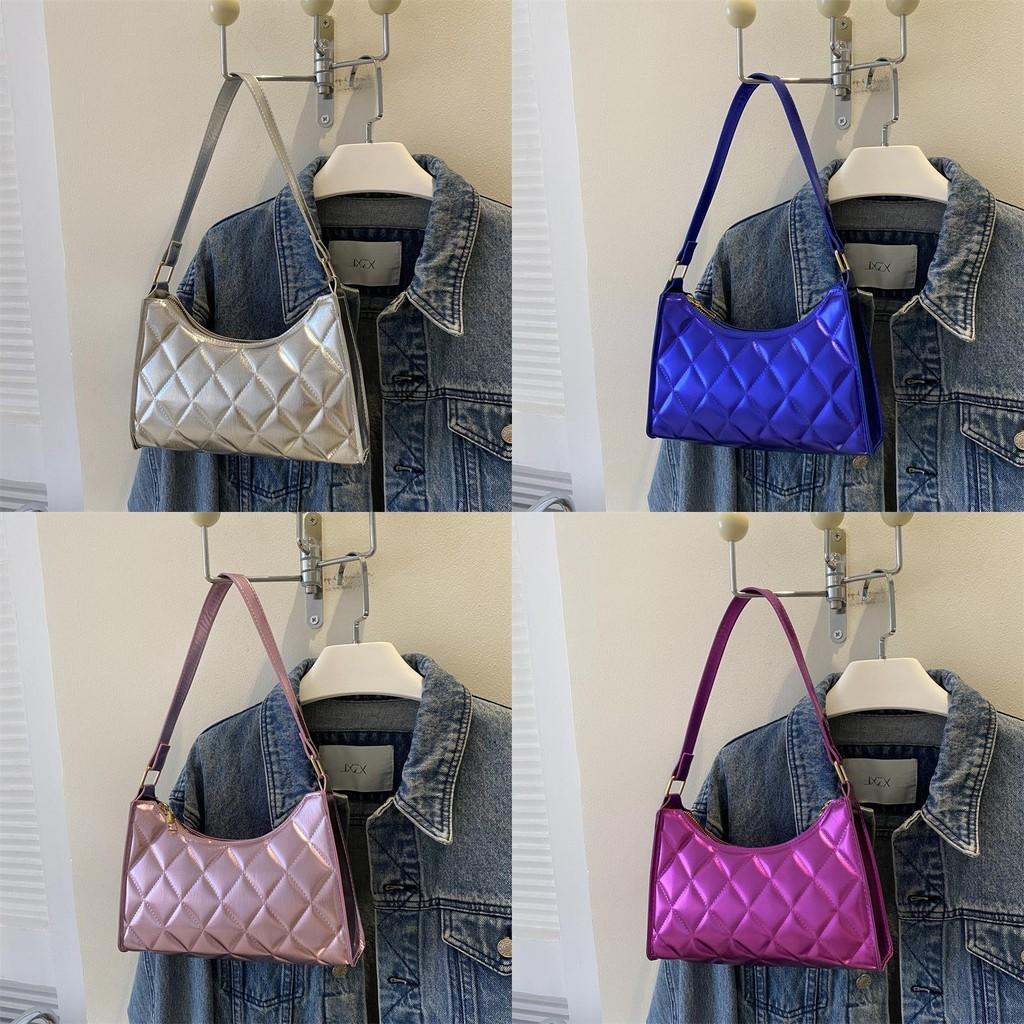 Trendy Quilted Underarm Handbag For Women Chic Embroidered Shoulder Bag Available In Silver Blue Pink And Raspberry