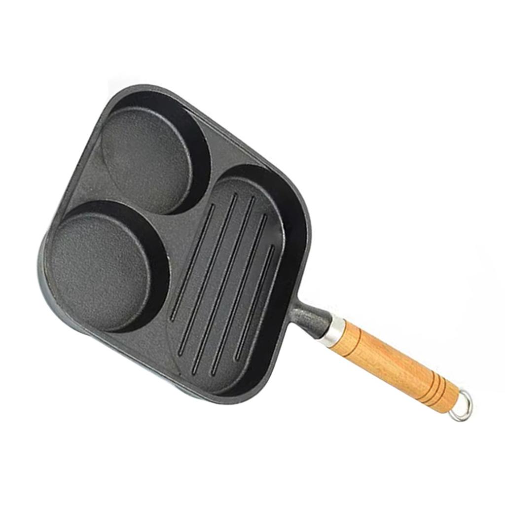 Non-stick Firkantet Grillpanne 3 Seksjoner Allsidig Frokostpanne Delt Eggestekepanne for Komfyrtopper Støpejern