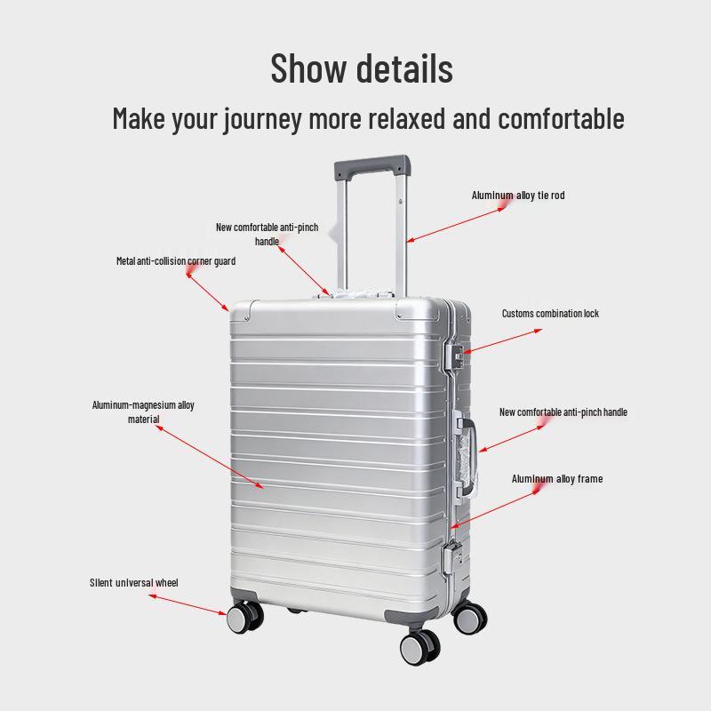 Aluminum Frame Fashion Travel Suitcase, Large Capacity 24-inch with Universal Wheels and Combination Lock.