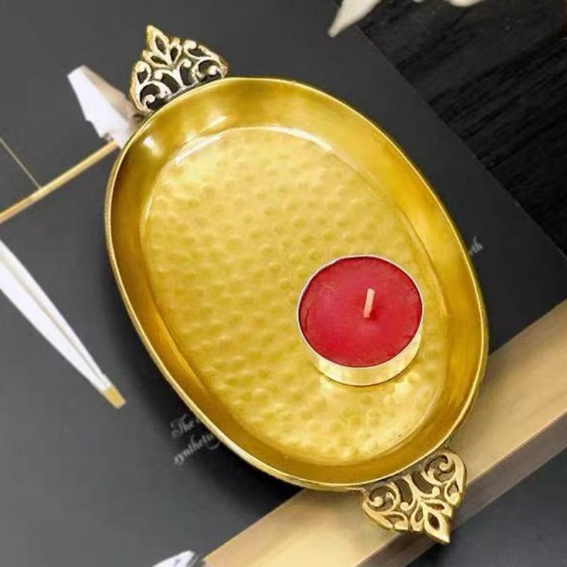 European & American Style Fruit Tray Handcrafted Vintage Hammer Texture Brass Openwork Handle Coffee Table Fruit Storage Tray