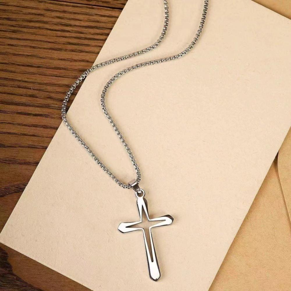 Religious Talisman Hollow Cross Pendant Necklace for Men Silver Color Hip Hop Metal Cross Necklace Christian Amulet Jewelry