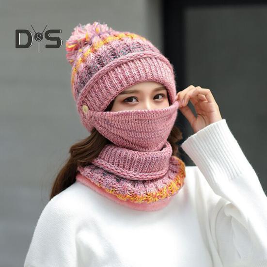3Pcs/Set Knitting Hat Scarf Set Thickened Plush Lining Furry Ball Decor Beanie Hat Neck Warmer Detachable Face Guard Set