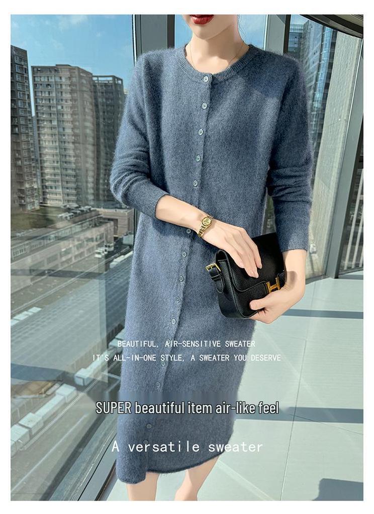 Women's Mink Cashmere Cardigan - Round Neck, Long Sleeve, Soft, Fluffy, Loose Fit, Mid-Length Knit Wool Sweater for Autumn/Winter.