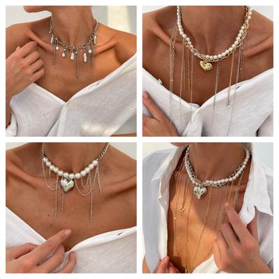 Herzanhänger Perlenketten für Damen Imitationsperle Wickel-Choker Stern Blatt Kreuz Quaste Gliederkette Anhängerkette Damen Hochzeitsparty