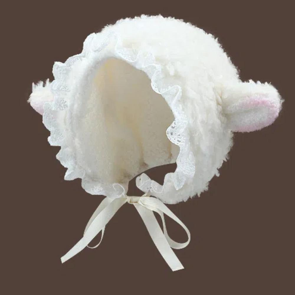 Y2K Sheep Ear Plush Hat Japanese Style Ear Protection Cap Pullover Hat Lolita Lace Hat  Outdoor