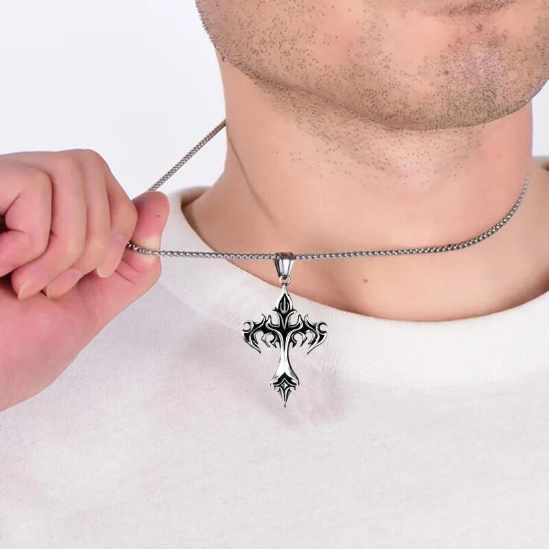 Fashion Vintage Flame Cross Pendant Necklace For Women Men Long Chain Punk Goth Trendy Accessories Choker Gothic Jewelry