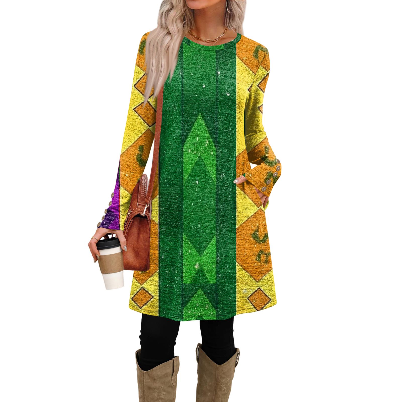 

Women s Fashion Casual Dress With Pockets, Decorative Buttons, Carnival Prints, Round Neck And Long Sleeves XXL