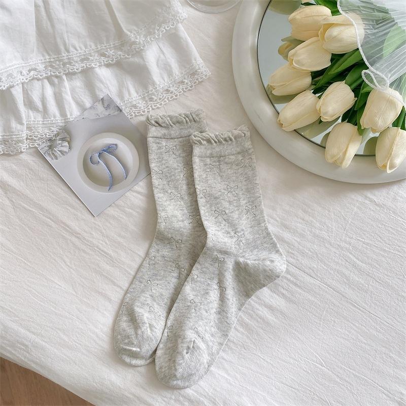 Ballet Style Bow Bubble Pile Socks Summer Mesh Thin Mid-Leg Socks Boneless Lace Anti-Pilling