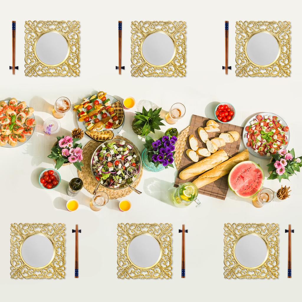 6pcs 12Inch Mirror Gold Decorative Charger Plates, Elegant Square Dinner Plates for Wedding, Party, Festive Dining Table Setting