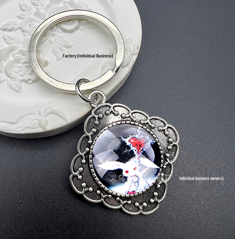20mm Gothic Rabbit Keychain with Retro Square Outer and Round Lace Inner Design