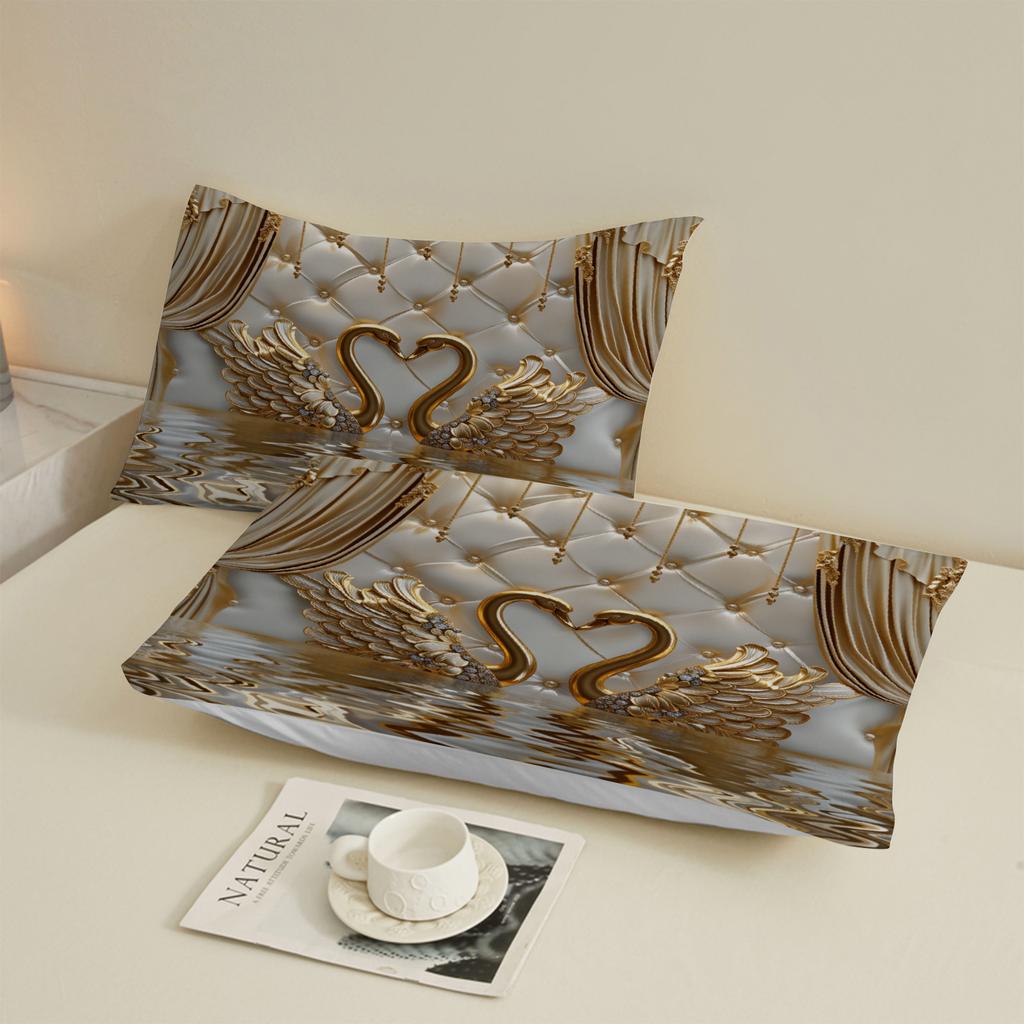 3pcs Gold Swan Couple Fitted Sheet 3D Printed Elegant Style For Couples Flat Sheet With 2 Pillowcases Bedroom Decoration