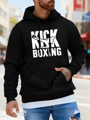 Individual Fashion Unisex Hooded Sweatshirt, Print with Fighting Kick Character And Text Pattern, Passionate Sports Unisex Top, Casual All-Match, Top